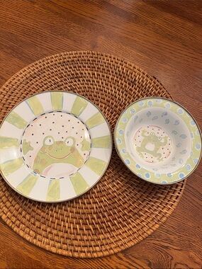 McKenzie Childs, enameled frog plate and bowl. EEEUC